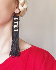 Extra Long Silk Fringe Earrings in Black With Leather Puzzle | Etsy Textile Earrings, Art Nouveau Earring, Oversized Earrings, Birthday Gift For Mom, Paper Earrings, Lace Earrings, Art Earrings, Leather Cuts, Handcrafted Accessories