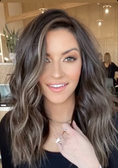 Cool Beige Highlights On Dark Hair, Hair Color To Conceal Gray, Medium Brown Hair With Blue Eyes, Bayalage Brunette Side Part, Balayage For Fair Skin Brunettes, Medium Length Brown Hair With Babylights, Mom Hair 2023, Medium Hairstyle Women Side Part, Brunette Hair With Blonde Highlights To Hide Grey