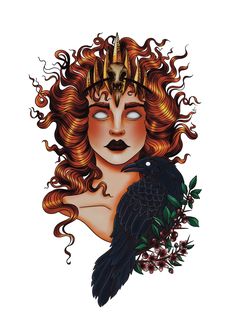 a drawing of a woman with red hair and a crown on her head holding a black bird