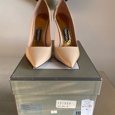 Authentic Never Worn. Comes With Box. Beige High Heel Heels For Formal Occasions, Luxury Beige Pointed Toe Heels, Evening Beige Heels With Branded Insole, Luxury Beige Heels With Sculpted Heel, Formal Beige Court Shoes With Branded Insole, Luxury Court Shoes With Wrapped Heel And Round Toe, Luxury Court Shoes With Wrapped Heel, Formal Cream Court Shoes With 4-inch Heel, Luxury Beige Patent Leather Heels