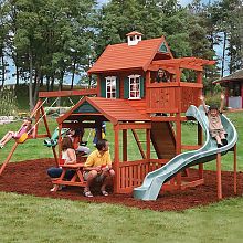 children playing on a wooden swing set