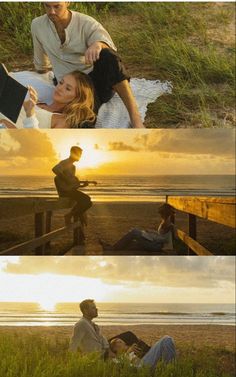 two people are sitting on the beach at sunset and one is reading a book while the other sits down