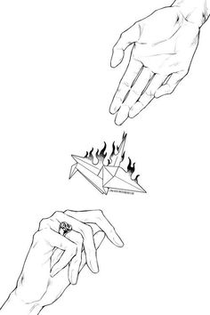 two hands reaching for an origami boat with flames coming out of the bottom