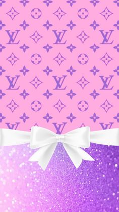 a pink and purple wallpaper with a white bow on the front, and an image of louis vuitton in the back