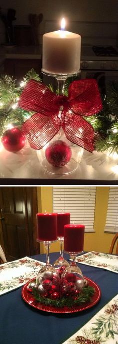 two pictures with candles and christmas decorations on the table