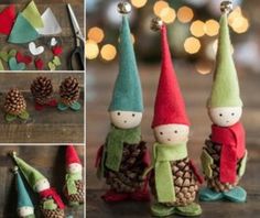 felt and pine cone elves are featured in this collage