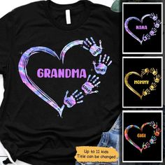 Customize: Mom or Grandma will feel so proud wearing this shirt made just for her or as Grandma gift. This shirt is everything you've dreamed of and more. This adorable shirt can be customized for anyone with any title. Perfect Gift: A great for Mom or Grandma the rest of the family and make ideal birthday, anniversary, Mother's Day,Happy 4th of July, Independence Day, Christmas, St Patrick's Day and Halloween presents. They're just as much fun to give as a gift than they. Great as Birthday gift Heart Hand Print, Gifts For Nana, Hand Prints, Custom Kids, Kids Names, Nana Gifts, Heart Hands, Mom And Grandma, Personalized Clothes