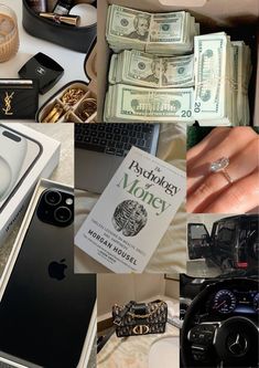 a collage of photos with money, cell phone and other items on it including an apple watch