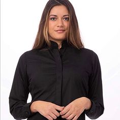 New Without Tags, Black Button Down Collarless Shirt. Size 10 Women’s Great For Gothics Or For A Burial Or Just To Dress Up White Pants. Can Be Worn With A Bright Blazer On Top Too! Remember Black Makes You Look A Bit Skinner Than U Actually Are! Model Pic Is For Reference Purposes Only. Armpit 20” Flat. Stretch Business Casual Tops With Buttons, Black Slim Fit Tops With Buttons, Stretch Tops With Buttons For Business Casual, Black Stretch Top For Office Wear, Office Black Blouse With Button Cuffs, Black Slim Fit Tops For Office Wear, Formal Stretch Top With Buttons, Black Slim Fit Blouse, Black Slim Fit Shirt For Work