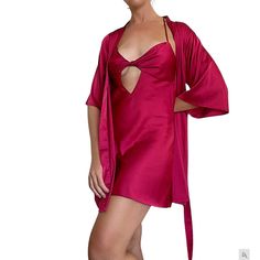 *Refer to Size Chart in Pictures* 100% Radius Model measures 5'8" or 1m77, 36.5" bust, 29" waist, 40" hips ~ Wearing M set Wrap yourself in this elegant-soft silky nightgown and robe set and let the night slip away in comfort & style. The cami nightgown features a cute peekaboo front detail with adjustable crisscross back straps and an open back. The robe features a sewn-in-belt and an inside tie for your convenience. Spring Nightwear Sets Fitted, Fitted Night Sets For Spring, Fitted Summer Night Sets, Fitted Sets For Summer Nights, Loungewear Dresses With Built-in Bra, Pink Fitted Mini Dress For Night, Fitted Chemise For Summer Pajama Party, Silky Nightgown, Nightie Dress