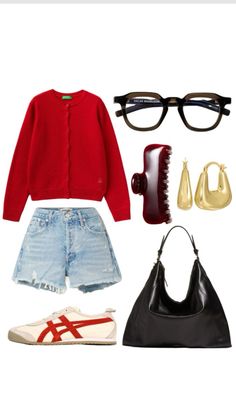 a woman's outfit and accessories including shoes, sunglasses, handbag