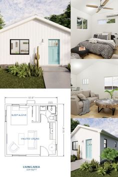 three different views of a small house with living room, bedroom and bathroom in it