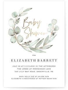 the baby shower card features an olive branch and leaves