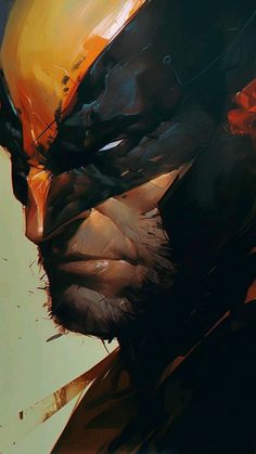 a close up of a batman with his face painted orange and black in the background