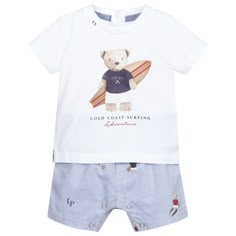 White Short Set, Teddy Bear Print, Blue And White Shorts, Boys Sleepwear, Kids Wardrobe, Luxury Collection