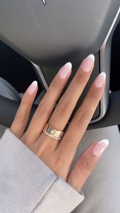 French Gel Nails Short Round, French Manicure Nails Almond Shape Short, Nail Ideas To Go With Blue Dress, Vacation Neutral Nails, French Dip Almond Nails, White Swiggle Lines Nails, Cute Bridal Nails, Neutral Nails Almond Shape Short, Short Round French Tip Nails With Design