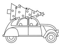 a car with christmas trees on the roof is shown in black and white, as well as