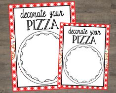 two printable pizza cards with red and white checkered paper on the front, one is