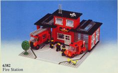 there is a lego fire station set on display