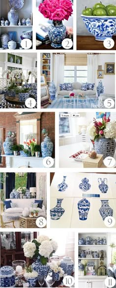 blue and white vases with flowers in them are featured in this collage for the article