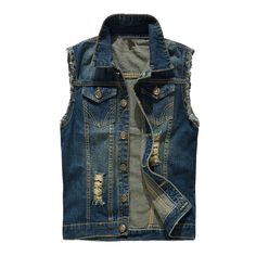 Motorcycle Enthusiasts! Want to create a layered outfit? Stylish Ripped Blue Denim Vest is a good choice for you. Because wearing a denim vest will expose your underlying shirt or top. An elegant design denim vest, also suitable for parties, outside activities, dates, business work, and other casual occasions in all seasons. Features: 80% Cotton，20% polyester Retro Buttons front closure Turn-down collar Twin front chest pockets with stud fastening Mens Denim Vest, Denim Jacket Male, Denim Vest Outfit, Sleeveless Denim Jacket, Biker Denim, Jean Jacket Men, Denim Vest, Cowboy, Blue