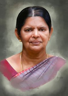 a painting of a woman in a sari looking at the camera with a serious look on her face