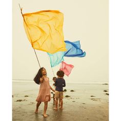 two young children holding colorful flags on the beach