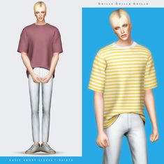 an image of a man wearing white pants and a striped t - shirt with his hands in his pockets