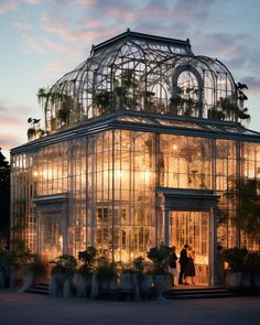 two people standing in front of a glass house