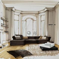 a drawing of a living room with couches and coffee table in the center area