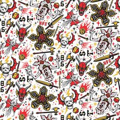 a pattern with skulls, swords and stars on white background for fabric or wallpaper