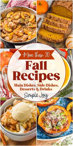 the cover of fall recipes with pictures of different dishes and desserts in it, including bread