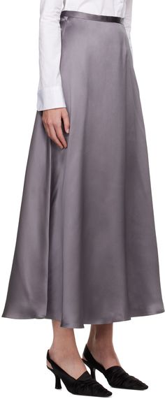 Silk satin skirt. · Zip closure at outseam · Full satin lining Supplier color: Dark gray Theatre Costumes, Gray Silk, Slate Gray, Satin Skirt, Silk Skirt, Silk Satin, Dark Gray, Apparel Accessories, Dark Grey