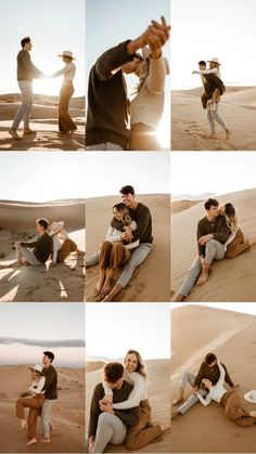 a man and woman sitting on top of a sand dune in the desert with their arms around each other