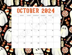 October 2024 monthly calendar free printable with Halloween theme background with ghosts and candy corn and Halloween candy Blessings Always Guruji Wallpaper, Halloween Calendar, Ram Image