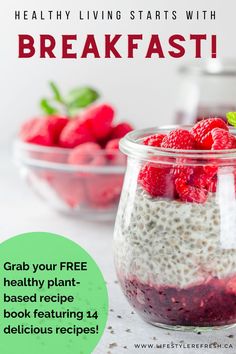 a jar filled with chia pudding and raspberries on top of a table