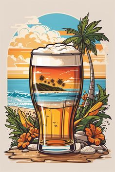 a glass of beer sitting on top of a beach next to the ocean and palm trees