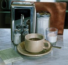 a painting of a coffee cup on a saucer next to a toaster, salt and pepper shakers