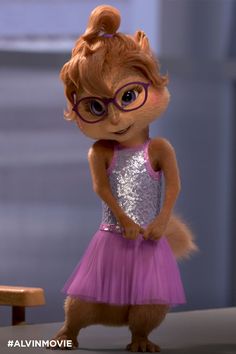 a cartoon squirrel wearing glasses and a pink dress