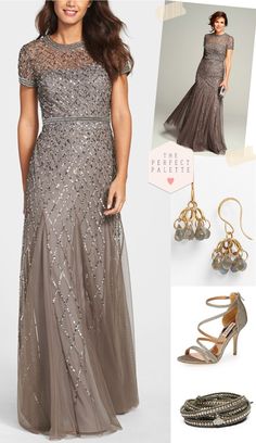 a woman in a gray dress and accessories for her mother's evening gowns