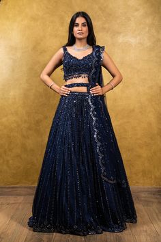 Editor's Note Navy Blue Tulle Lehenga Choli With Self Resham Mirrors, Cutdana & Beadwork Color: Blue Fabric: Net Care: Dry Clean Only About the Designer Nitika Gujral’s journey with des... Beaded Lehenga, Tulle Lehenga, Navy Blue Lehenga, Blue Lehenga Choli, Reception Outfits, Mirror Work Lehenga, Net Embroidery, Designing Clothes, Blue Lehenga