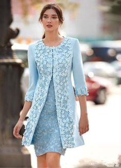 Lizakosht Carla Ruiz Light Blue Mother Of The Bride Dresses With Jacke Spring Evening Knee-length Jacket Dress, Light Blue Jacquard Dress, Semi-formal Long Sleeve Jacquard Outerwear, Short Wedding Guest Dresses, Light Blue Floral Print Knee-length Mini Dress, Blue Mother Of The Bride, Luxury Blue Jacquard Knit Outerwear, Mother Of The Bride Dresses Long, Knee Length Shorts