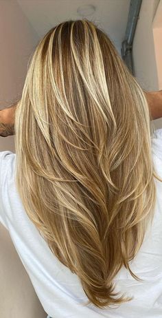 Long Hair With Layers Color Ideas, Back Of Long Layered Hair, Long Hair With Layers For Straight Hair, Multi Tone Hair Color Blonde, Long Blonde Hair Cuts With Layers, Tapered Layers Long Hair Face Framing, Layered Hair V Shaped, Long Layered Hairstyles For Fine Hair, 2023 Long Hair Trends For Women