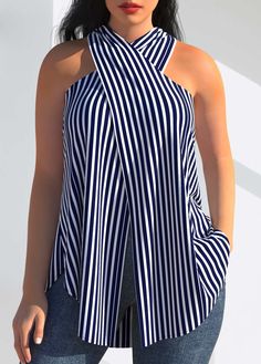 Package Contents : 1 X Tank Top Printing Design : Striped Clothing Length : Tunic Sleeve's Length : Sleeveless Neckline : Cross Collar Season : Summer Style : Casual Occasion : Everyday Washing Instructions : Hand Wash/Machine Wash See More Navy Blue Tank Top, Tank Top Outfits, Halter Tank Top, Stripe Outfits, Halter Tank, Top Outfit, Tunic Tank Tops, Blue Tank Top, Striped Tank Top