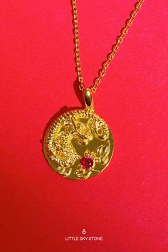 dragon necklace pendants, ruby gemstone necklace, coin pendant necklace, year of the dragon jewelry Fiery Dragon, 14k Gold Plated Jewelry, Lifestyle Images, Carved Dragon, Dragon Necklace, Coin Pendant Necklace, Necklace Collection, Dragon Jewelry, Necklace Pendants