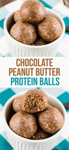 chocolate peanut butter protein balls in a white bowl