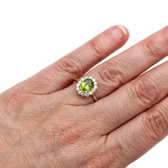 14K Oval Peridot Engagement Ring Cluster Halo rareearthjewelry.com Peridot Engagement Rings, August Birthstone Ring, Green Gemstone Ring, August Birthstone Jewelry, Peridot Stone, August Birthstone, Peridot Ring, Peridot Gemstone, Zircon Ring