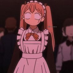 an anime character with red hair wearing a pink dress and bow tie standing in front of other people