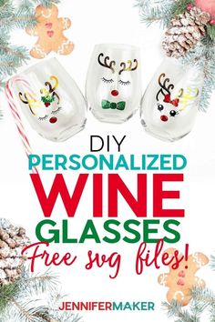 three wine glasses with reindeer faces on them and the words diy personalized wine glasses free svg files