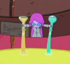 a cartoon character standing next to two toothbrushes